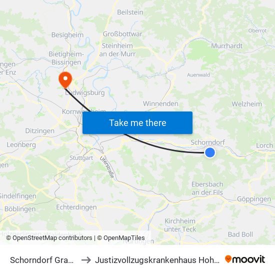 Schorndorf Grauhalde to Justizvollzugskrankenhaus Hohenasperg map
