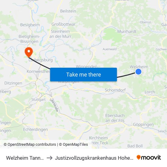 Welzheim Tannwald to Justizvollzugskrankenhaus Hohenasperg map