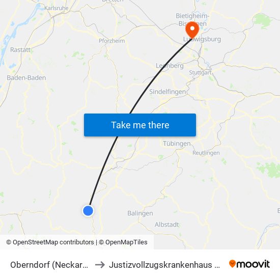 Oberndorf (Neckar) Bahnhof to Justizvollzugskrankenhaus Hohenasperg map