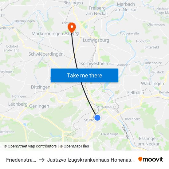 Friedenstraße to Justizvollzugskrankenhaus Hohenasperg map