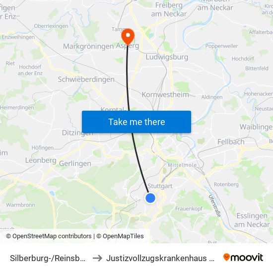 Silberburg-/Reinsburgstraße to Justizvollzugskrankenhaus Hohenasperg map