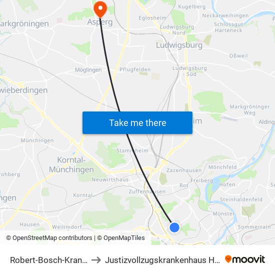 Robert-Bosch-Krankenhaus to Justizvollzugskrankenhaus Hohenasperg map