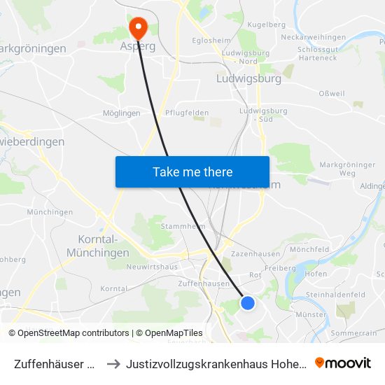 Zuffenhäuser Heide to Justizvollzugskrankenhaus Hohenasperg map