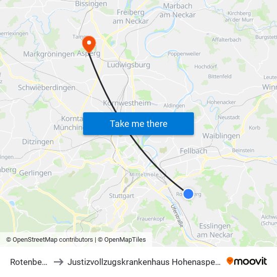 Rotenberg to Justizvollzugskrankenhaus Hohenasperg map