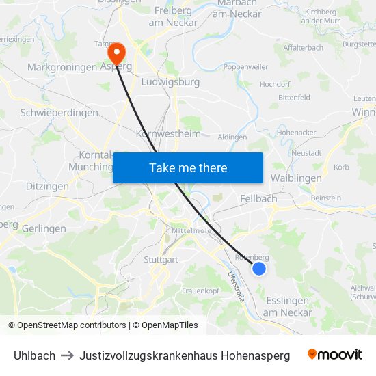 Uhlbach to Justizvollzugskrankenhaus Hohenasperg map