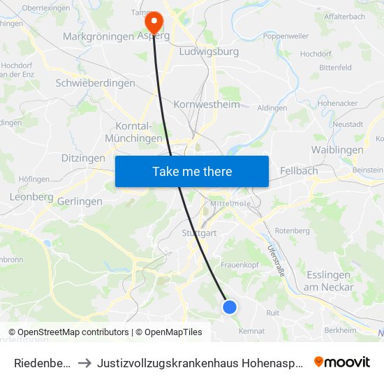 Riedenberg to Justizvollzugskrankenhaus Hohenasperg map