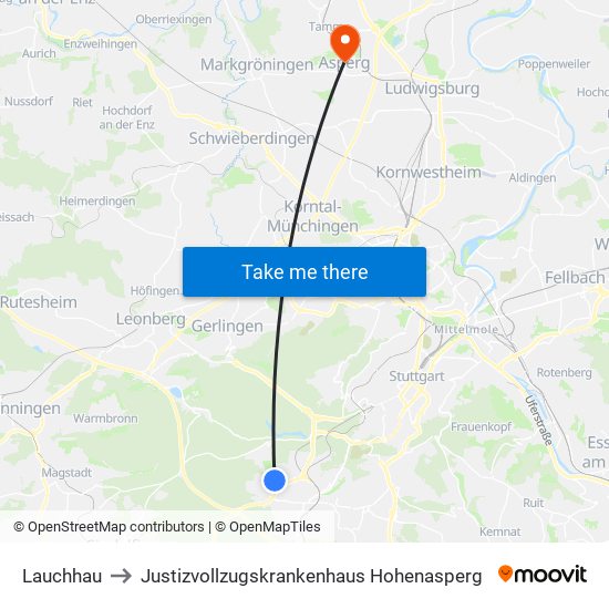 Lauchhau to Justizvollzugskrankenhaus Hohenasperg map