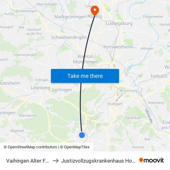 Vaihingen Alter Friedhof to Justizvollzugskrankenhaus Hohenasperg map