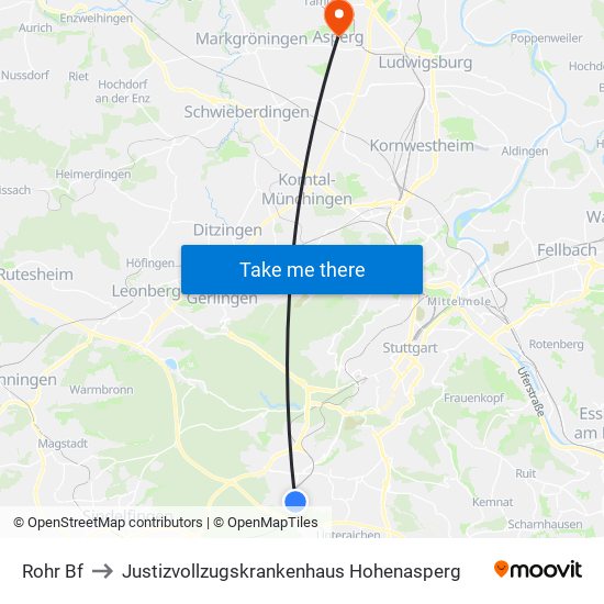 Rohr Bf to Justizvollzugskrankenhaus Hohenasperg map