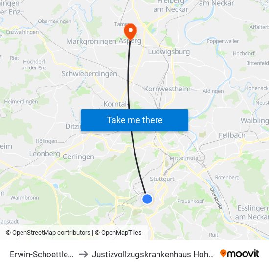 Erwin-Schoettle-Platz to Justizvollzugskrankenhaus Hohenasperg map