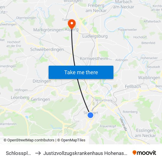 Schlossplatz to Justizvollzugskrankenhaus Hohenasperg map