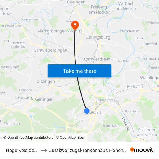Hegel-/Seidenstr. to Justizvollzugskrankenhaus Hohenasperg map