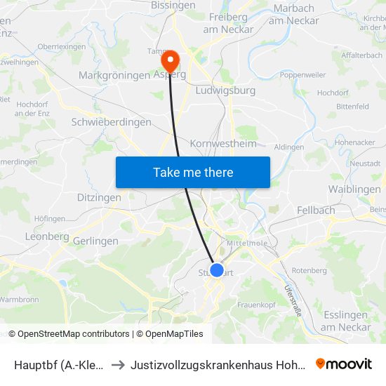 Hauptbf (A.-Klett-Pl.) to Justizvollzugskrankenhaus Hohenasperg map