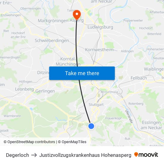 Degerloch to Justizvollzugskrankenhaus Hohenasperg map
