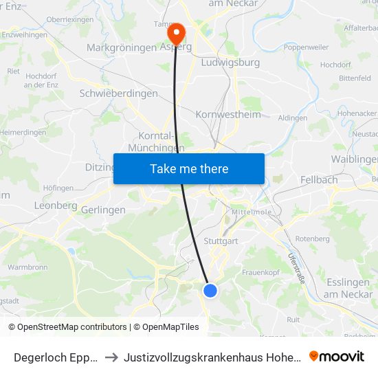 Degerloch Epplestr. to Justizvollzugskrankenhaus Hohenasperg map