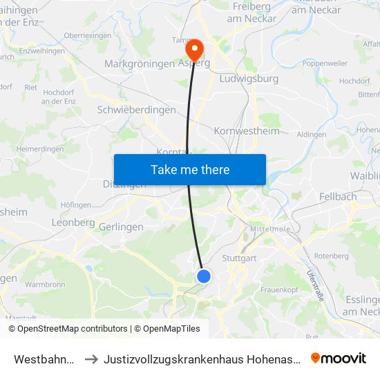 Westbahnhof to Justizvollzugskrankenhaus Hohenasperg map