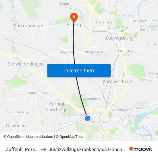 Zuffenh. Porsche to Justizvollzugskrankenhaus Hohenasperg map