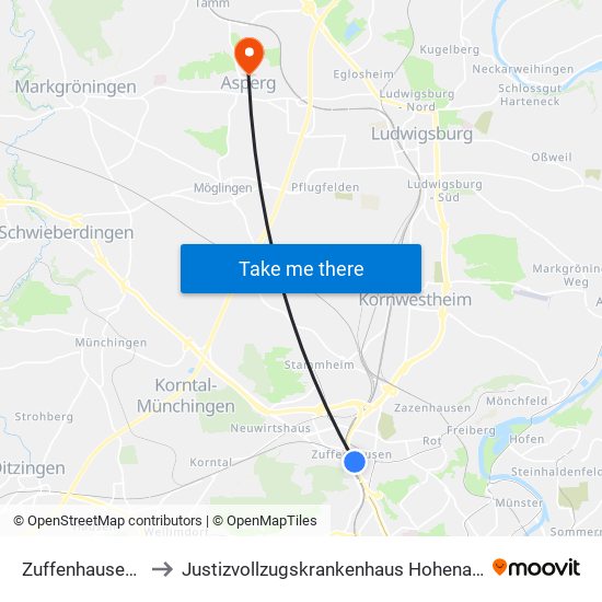 Zuffenhausen Bf to Justizvollzugskrankenhaus Hohenasperg map