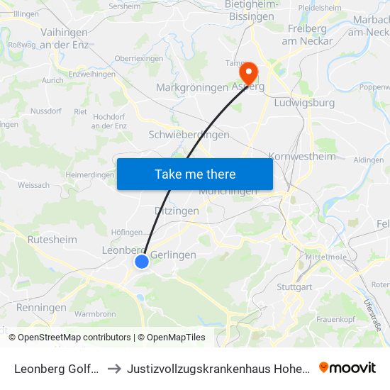Leonberg Golfplatz to Justizvollzugskrankenhaus Hohenasperg map