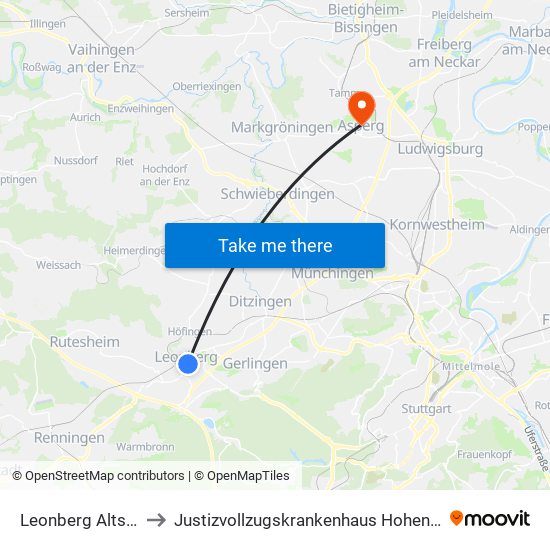 Leonberg Altstadt to Justizvollzugskrankenhaus Hohenasperg map
