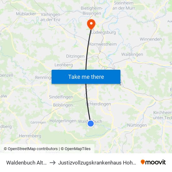 Waldenbuch Altstadt to Justizvollzugskrankenhaus Hohenasperg map