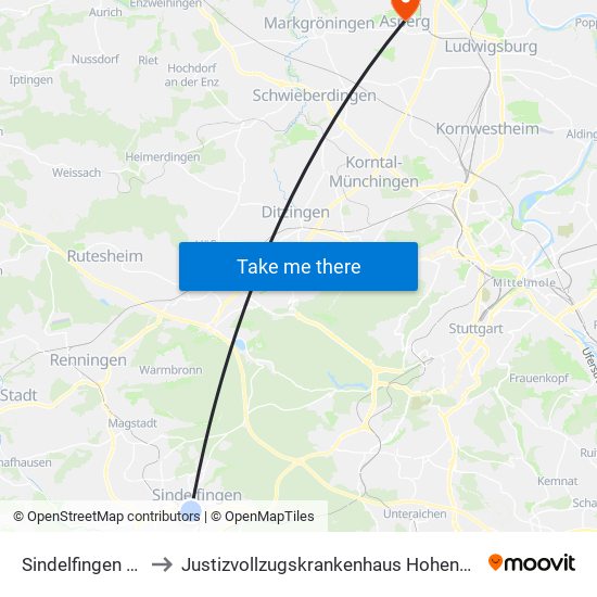 Sindelfingen Zob to Justizvollzugskrankenhaus Hohenasperg map