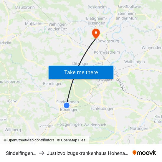 Sindelfingen Bf to Justizvollzugskrankenhaus Hohenasperg map