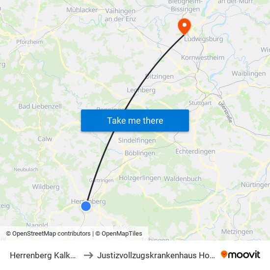 Herrenberg Kalkofenstr. to Justizvollzugskrankenhaus Hohenasperg map