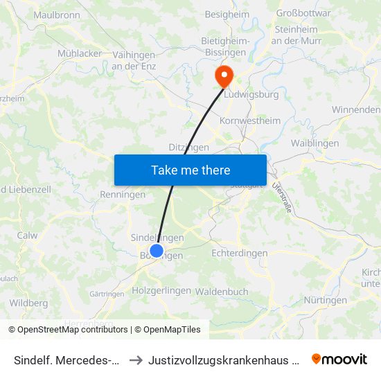 Sindelf. Mercedes-Benz Tor I to Justizvollzugskrankenhaus Hohenasperg map