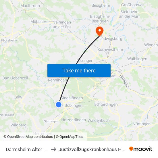 Darmsheim Alter Friedhof to Justizvollzugskrankenhaus Hohenasperg map