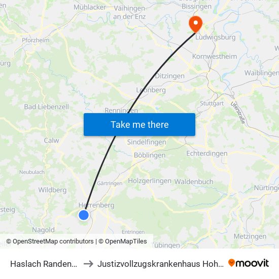 Haslach Randenstraße to Justizvollzugskrankenhaus Hohenasperg map