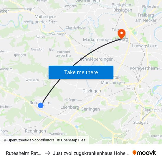 Rutesheim Rathaus to Justizvollzugskrankenhaus Hohenasperg map