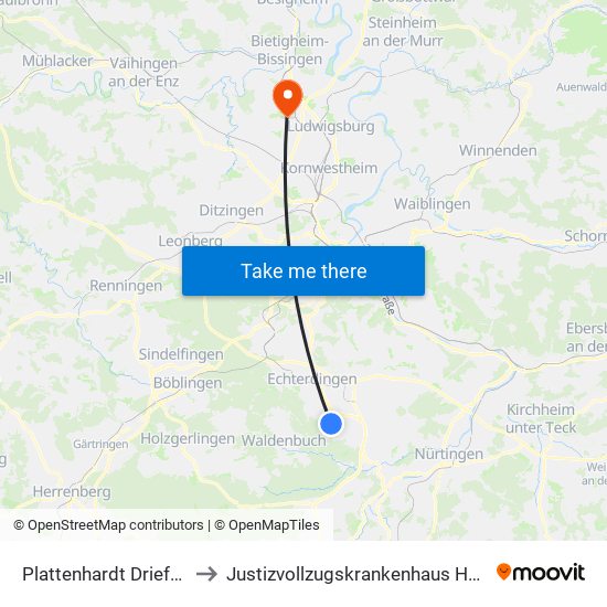 Plattenhardt Driefbrunnen to Justizvollzugskrankenhaus Hohenasperg map