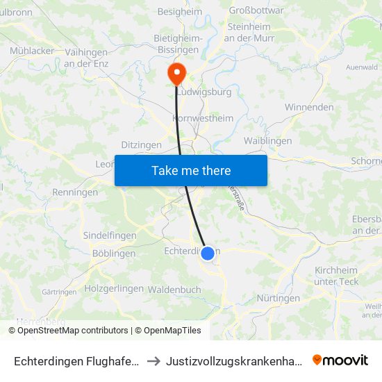 Echterdingen Flughafen/Messe (Sab) to Justizvollzugskrankenhaus Hohenasperg map