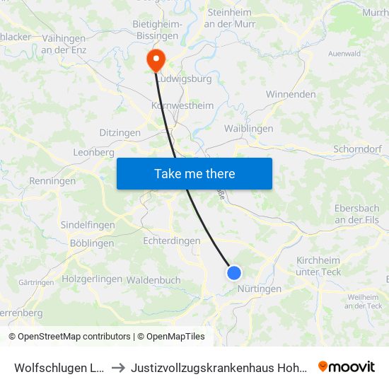 Wolfschlugen Löwen to Justizvollzugskrankenhaus Hohenasperg map