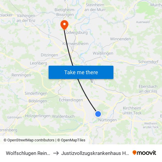 Wolfschlugen Reinhardtstr. to Justizvollzugskrankenhaus Hohenasperg map