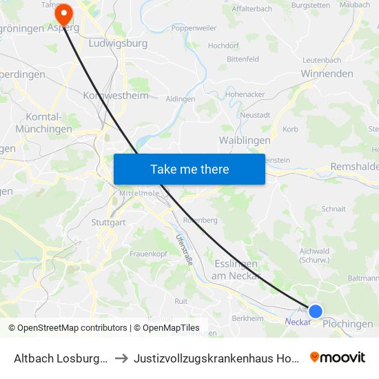 Altbach Losburgstraße to Justizvollzugskrankenhaus Hohenasperg map