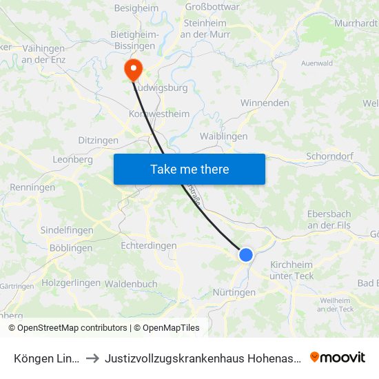 Köngen Linde to Justizvollzugskrankenhaus Hohenasperg map