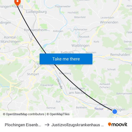 Plochingen Eisenbahnstraße to Justizvollzugskrankenhaus Hohenasperg map