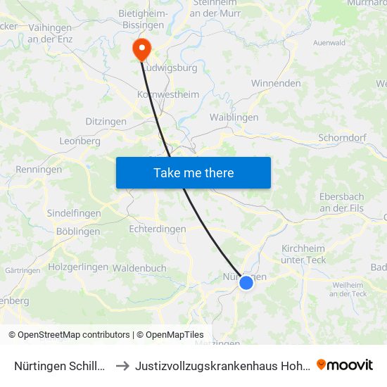 Nürtingen Schillerplatz to Justizvollzugskrankenhaus Hohenasperg map