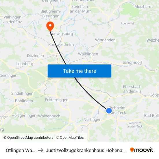 Ötlingen Warth to Justizvollzugskrankenhaus Hohenasperg map