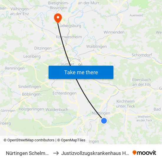 Nürtingen Schelmenwasen to Justizvollzugskrankenhaus Hohenasperg map