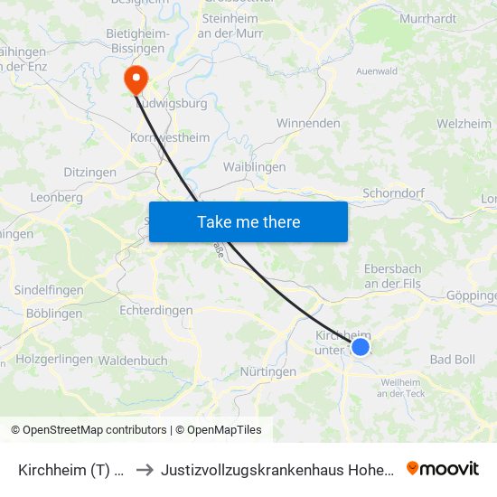 Kirchheim (T) Wald to Justizvollzugskrankenhaus Hohenasperg map