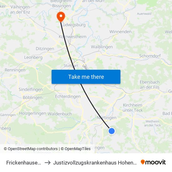 Frickenhausen Bf to Justizvollzugskrankenhaus Hohenasperg map
