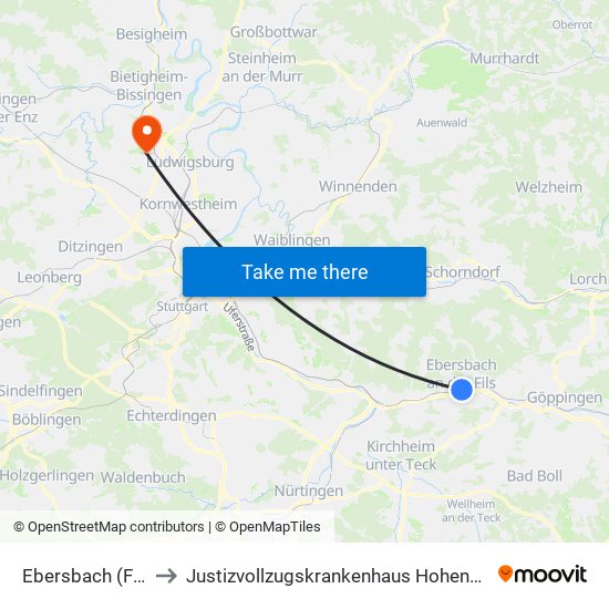 Ebersbach (F) Bf to Justizvollzugskrankenhaus Hohenasperg map