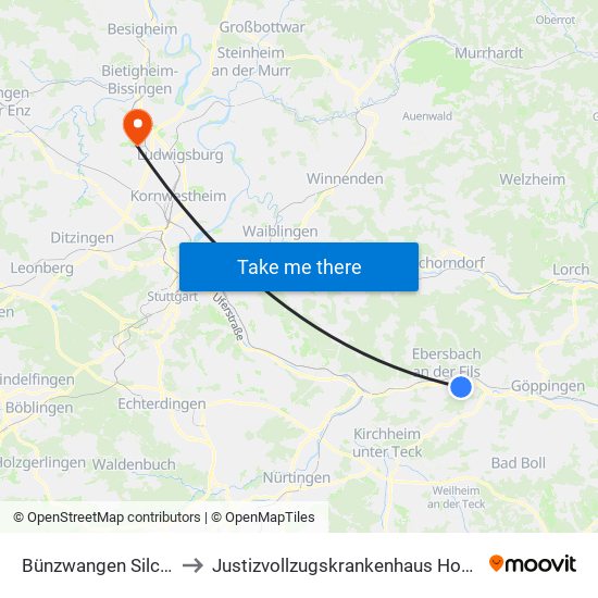 Bünzwangen Silcherstr. to Justizvollzugskrankenhaus Hohenasperg map