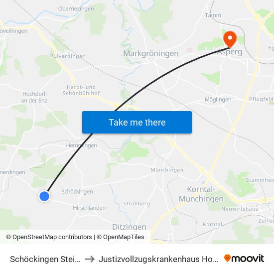 Schöckingen Steinbruch to Justizvollzugskrankenhaus Hohenasperg map