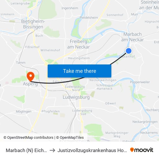 Marbach (N) Eichgraben to Justizvollzugskrankenhaus Hohenasperg map