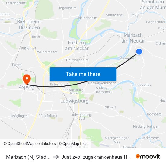 Marbach (N) Stadionhalle to Justizvollzugskrankenhaus Hohenasperg map