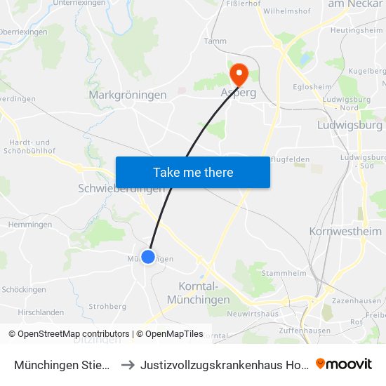 Münchingen Stiegelplatz to Justizvollzugskrankenhaus Hohenasperg map